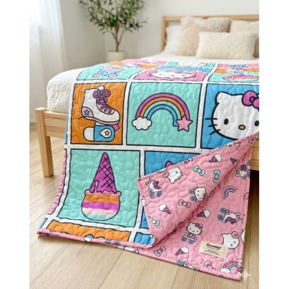 Reversible Quilted Hello Kitty Twin Blanket – Vibrant Multicolor Cozy Style